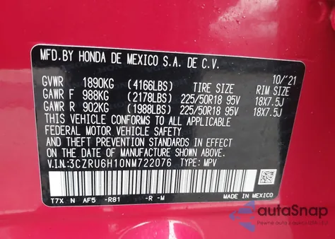 2022 Honda Hr-V Awd Sport from USA, damaged, VIN 3CZRU6H10NM722076